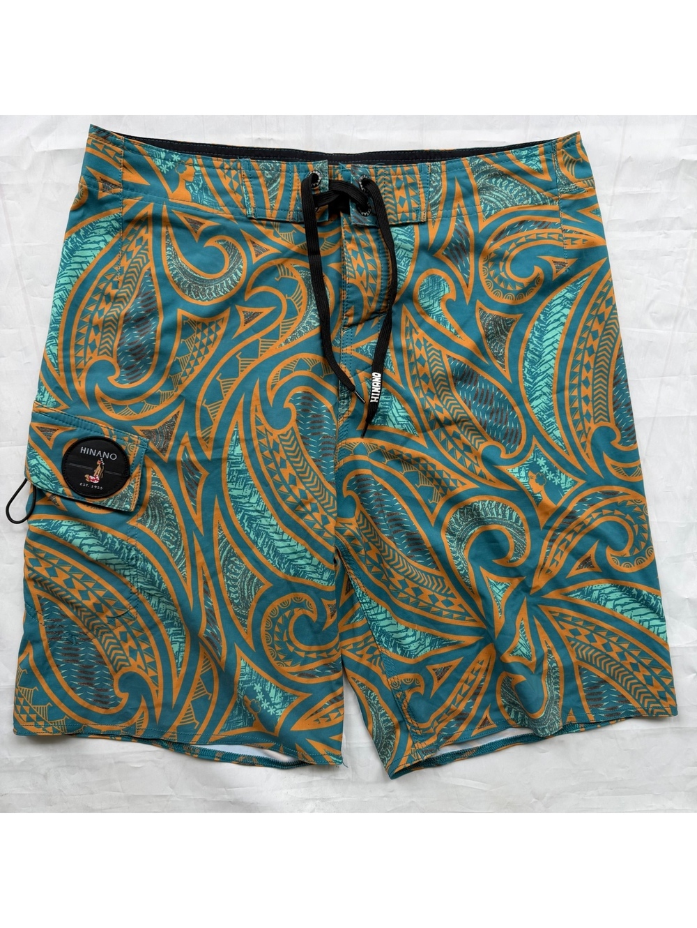 Hinano 1955 Polynesian Print Board Shorts Surf 33 Swim Trunks